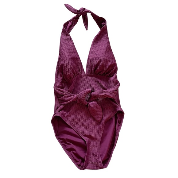 Kate Spade New York Textured Belted Halter Swimsuit Medium Deep Plunge Purple - Picture 1 of 10